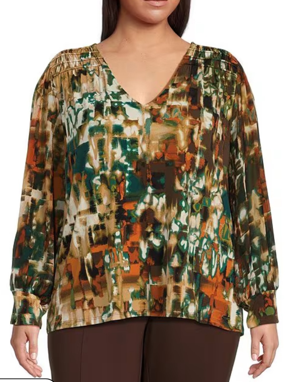 Calvin Klein Womens 2X Printed Top Long Chiffon Sleeve V Neck Office Career Fall